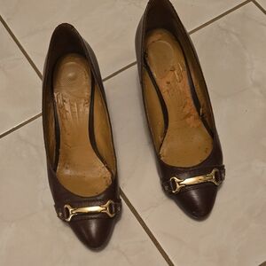 Women's Brown Wedge Pumps with Gold Accent
